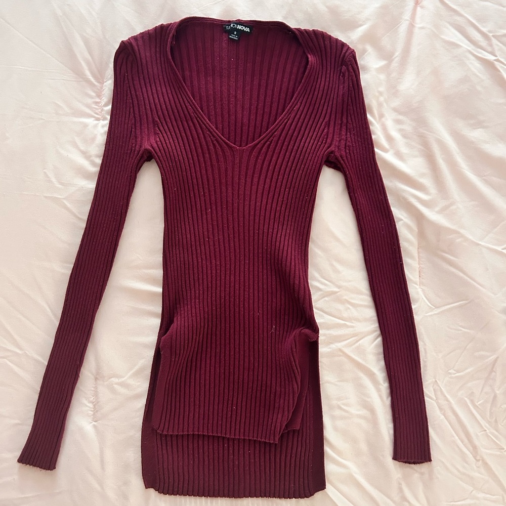 Burgundy Ribbed Knit Sweater Dress